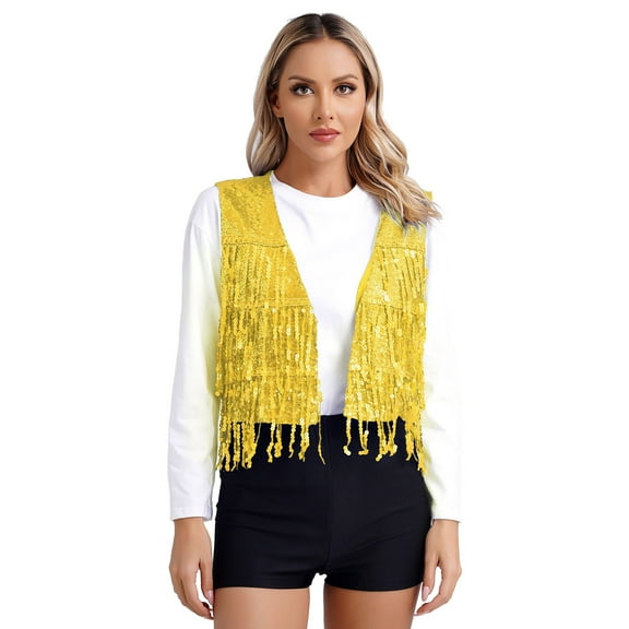 YONGHS Womens Sequin Fringe Vest Sparkle Open Front Waistcoat Party Prom Glitter Tassel Vest Gold L