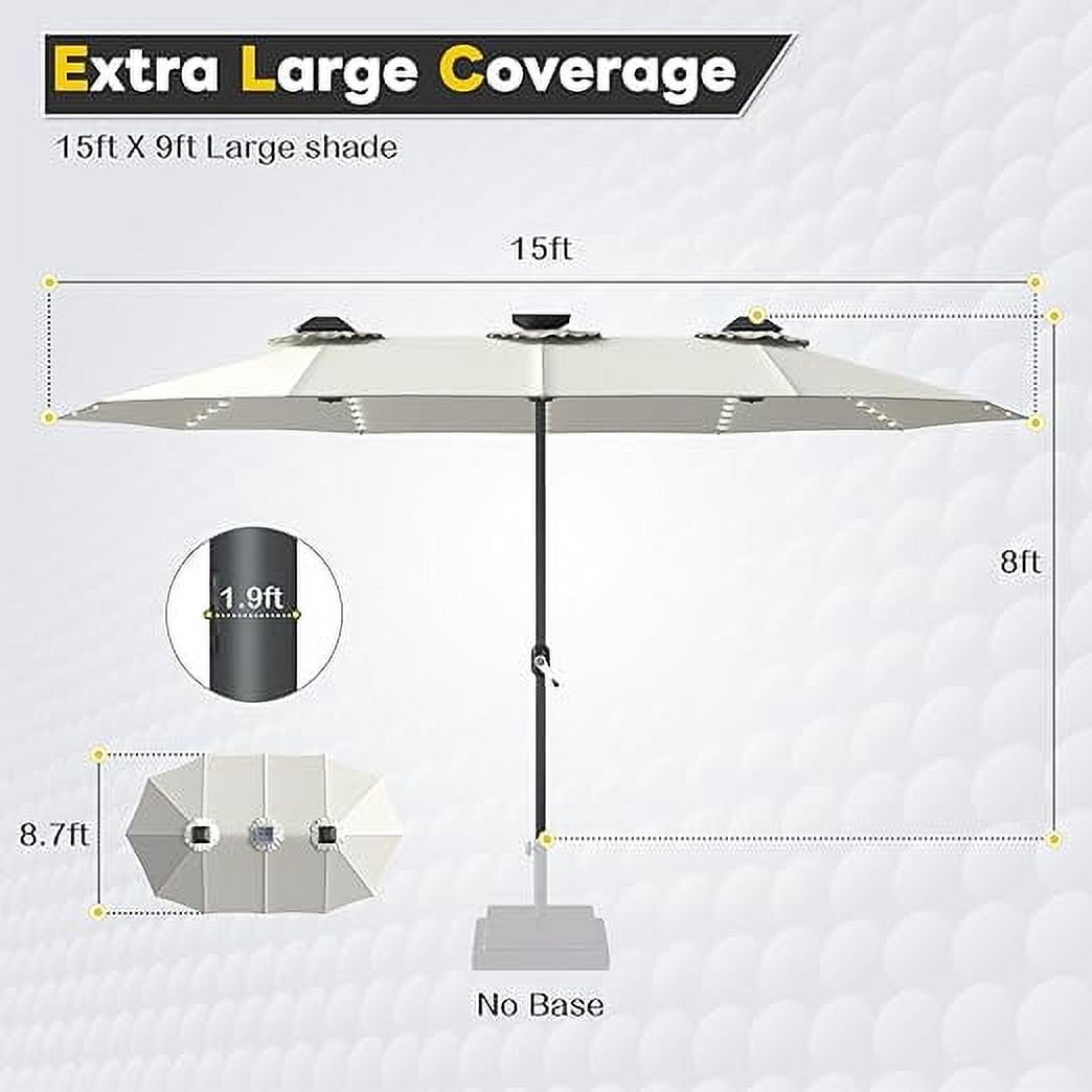 AECOJOY 15ft Patio Umbrella with Solar Lights, Large Double Umbrella Outdoor Patio, Rectangle TableUmbrella with 156 PCS LED Lights and Crank Handle for Backyard Deck Pool Shade in Beige