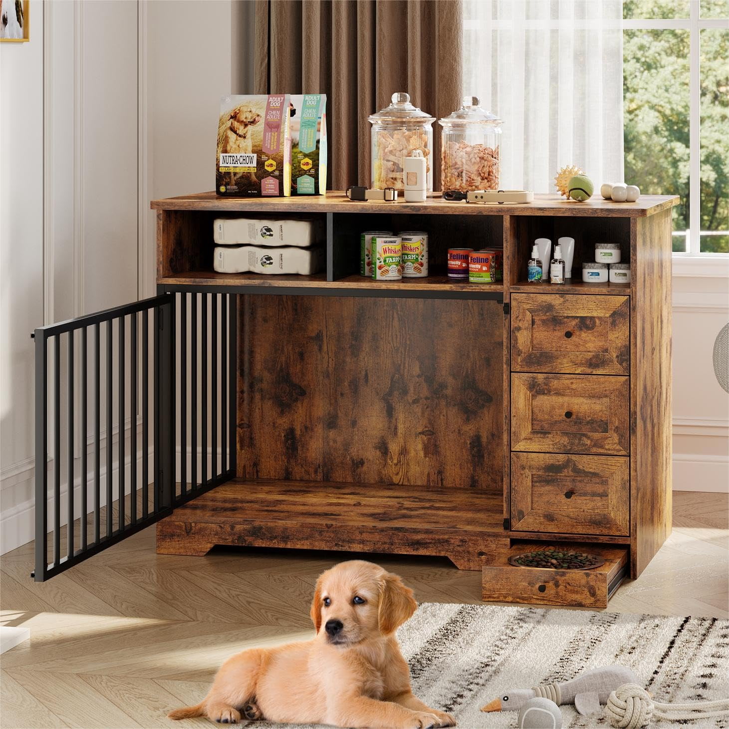 Studyset 48 Inch Dog Crate Furniture,Wooden Dog Kennel Indoor with Dog Bowl & Storage Drawers,Modern Pet Cage Side End Table,Heavy Duty Pet Crate Table for Medium Small Dogs for Living Room,Entryway