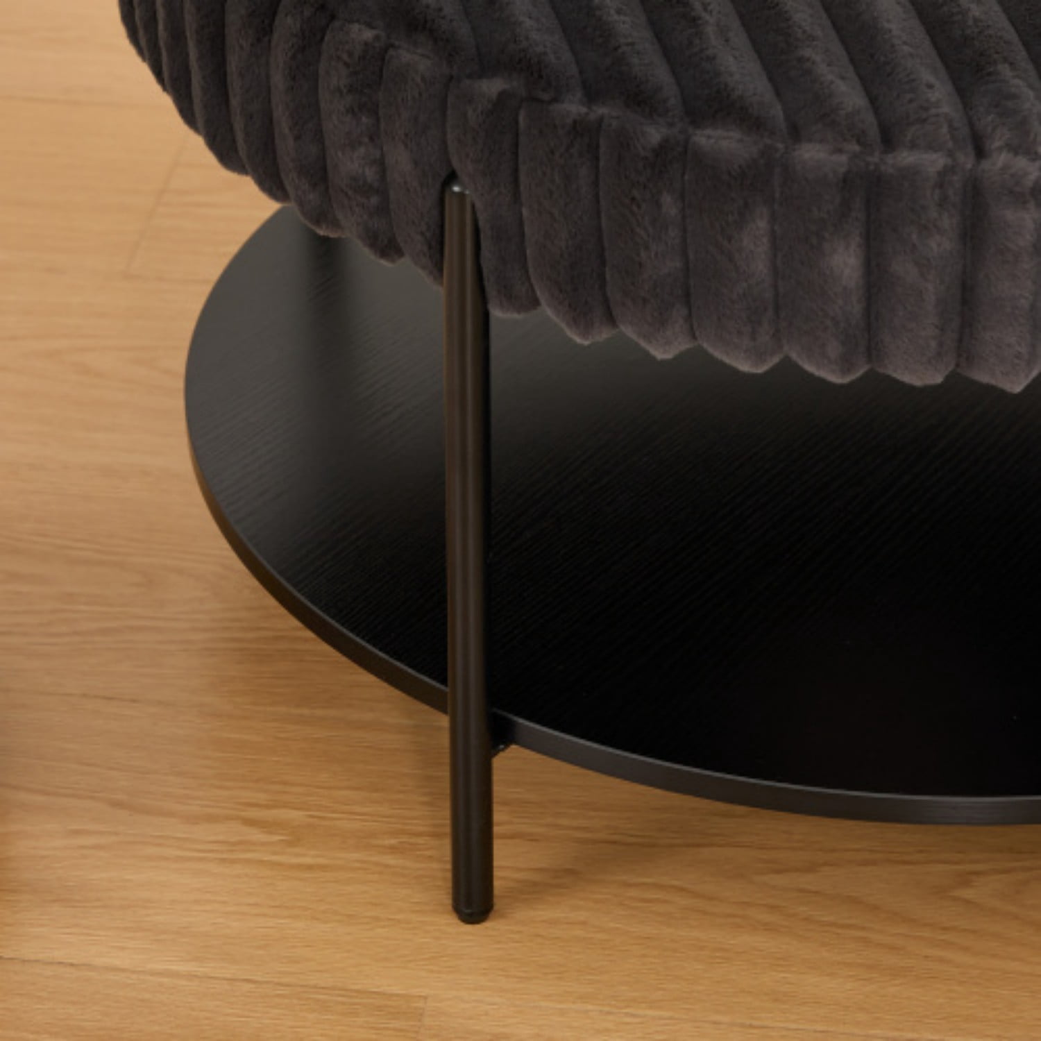 30.9" Round Upholstered Ottoman Coffee Table, Faux Fur Foot Stool with Open Storage Shelf & Black Metal Legs, Charcoal Footrest Ottoman