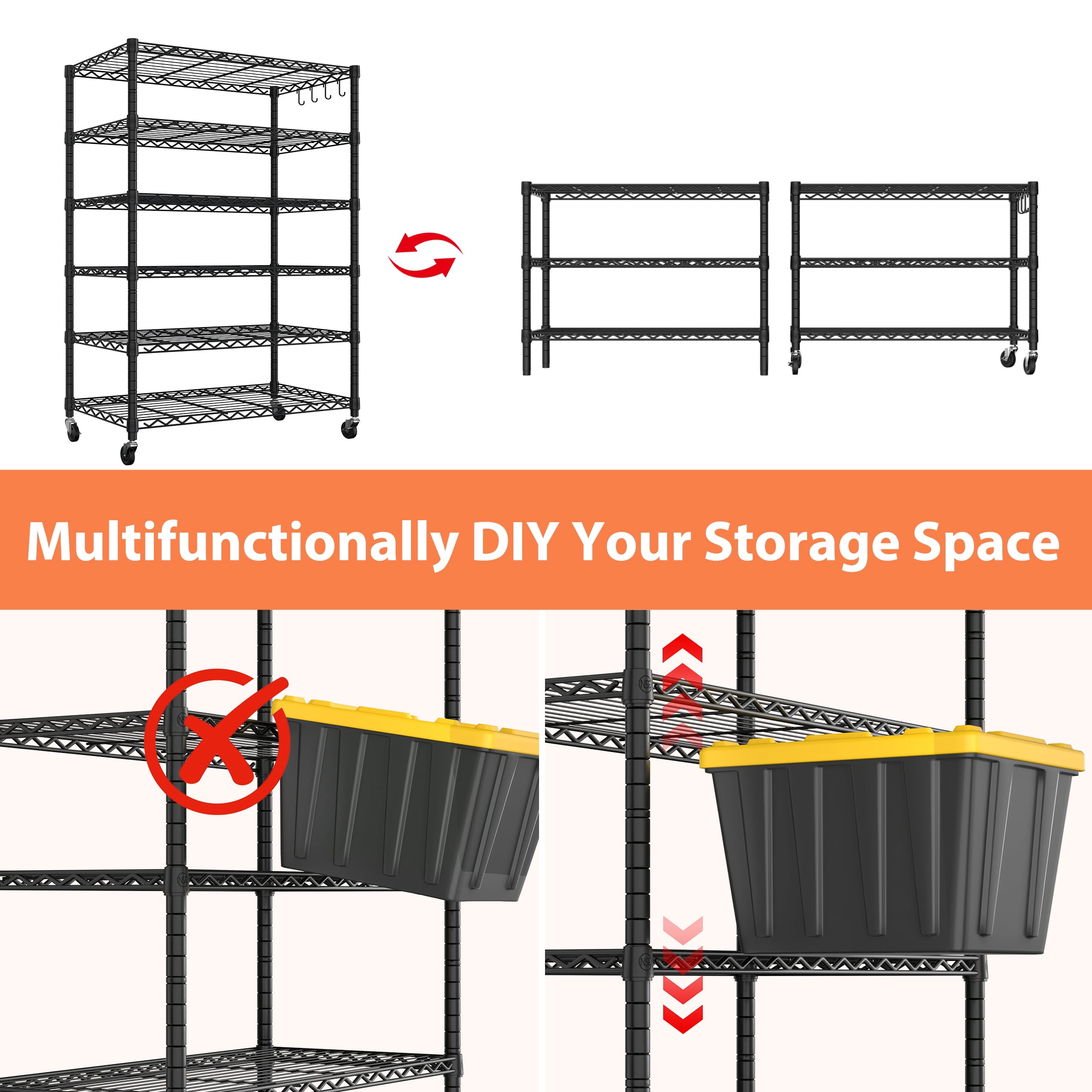 TrumanPick 6-Tier Storage Shelves, 36"W x 18"D x 75"H Wire Shelving Unit, Kitchen Metal Shelves, Adjustable Storage Rack with Hooks for Garage Pantry Organization, Black