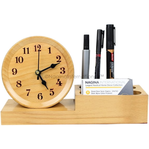 Nagina International Elegant Hand Crafted Wooden Steamed Beech Time's Desk Clock with Pen & Business Visitors Card Holder | Office Decor Time's Clock