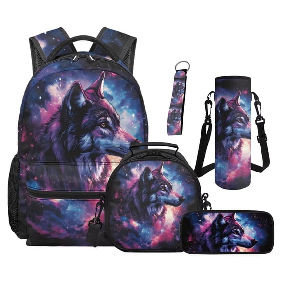 Jeiento Galaxy Backpack Set for 9-12 Years Old 5 Pcs Wolf 17 Inch Lightweight Bookbag with Insulated Lunch Bag Pencil Case for Elementary School Gift for Son