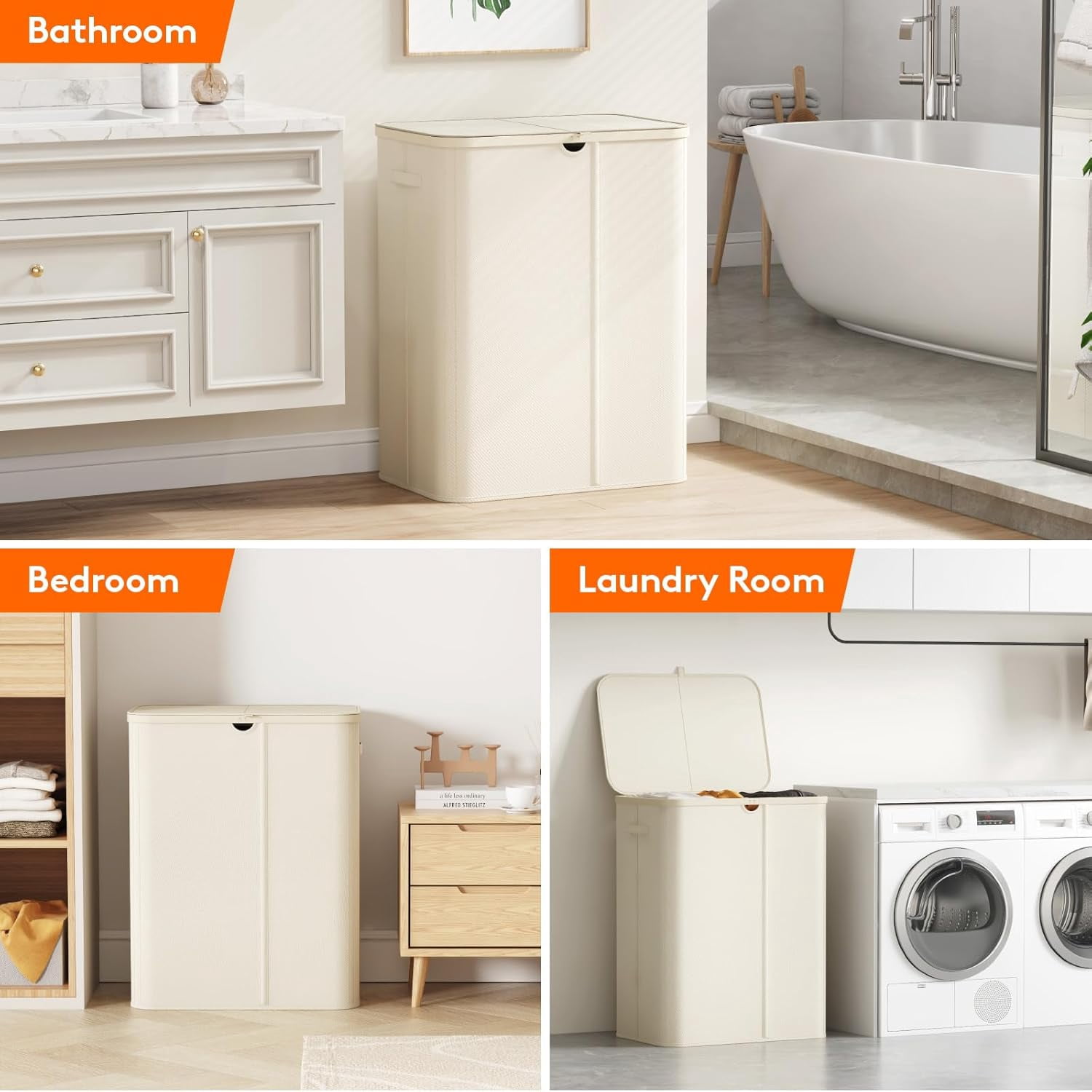 185L Large 3-Section Laundry Hamper with Lid, Bamboo Handles and Removable Bags, White