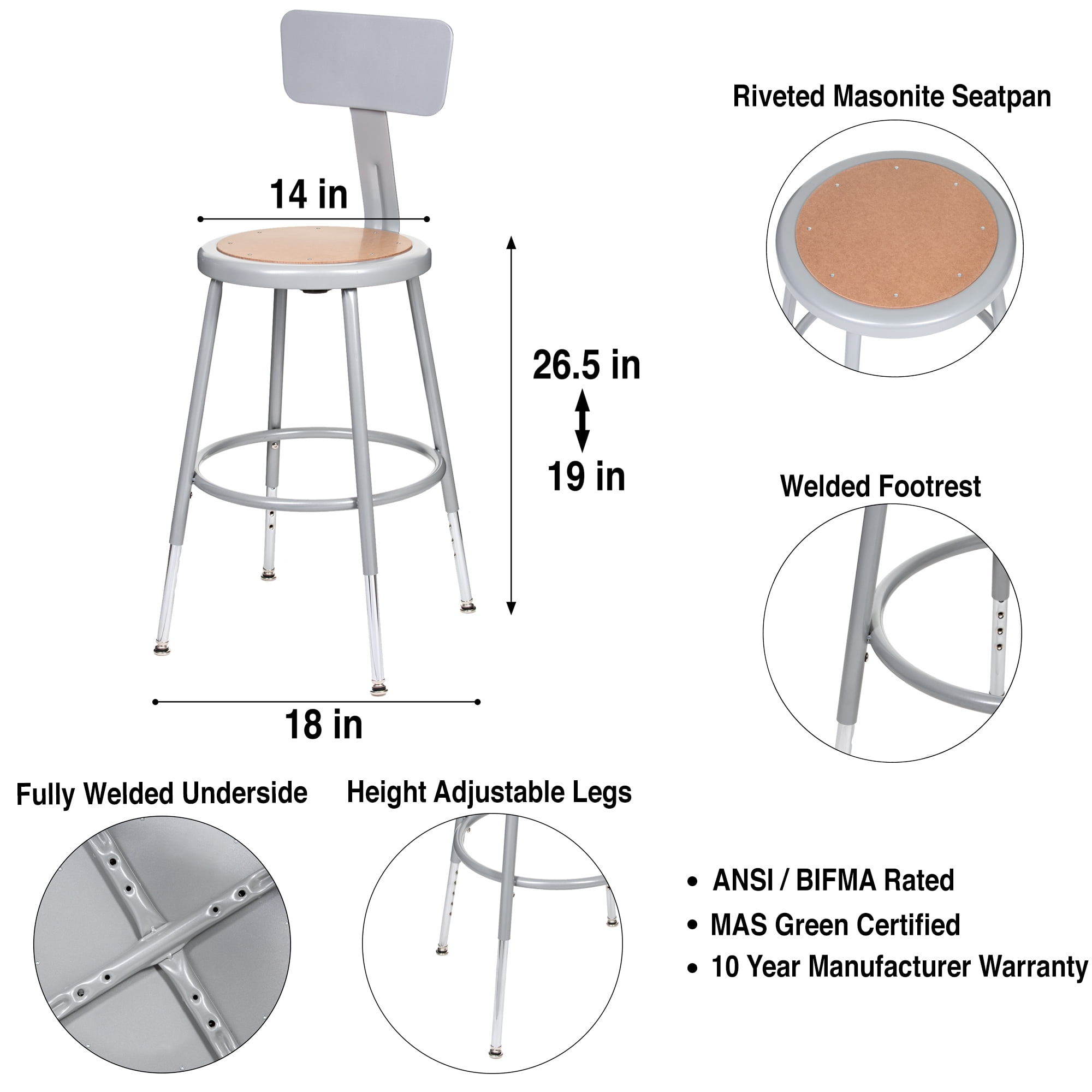 Hampden Furnishings Flynn 19-27" Adjustable Masonite/Steel Stool with Backrest, Grey, 2 PK
