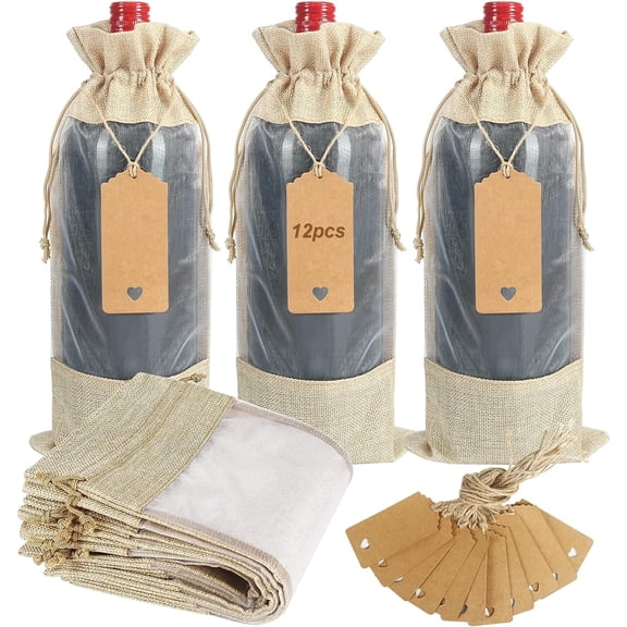 Burlap Christmas Wine Bottle Bags, 12 Pcs Wine Gift Bags with Tags & Strings Drawstring Bottle Bag with Sheer Window for Wedding Christmas Birthday Party Favors (13.8 X 6.3 Inches)