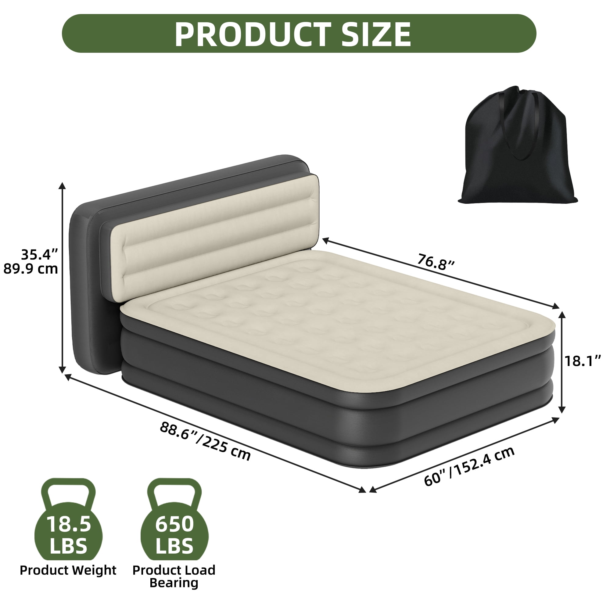 Uforic Queen Size Air Mattress with Built-in Headboard and Inflation Pump, 18in Deluxe Flocked Top Air Mattress, Sturdy Blow-Up Bed for Home & Visitors, Black