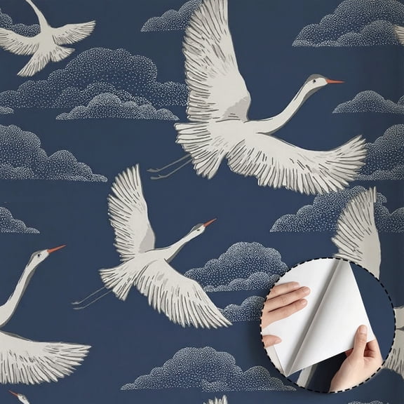 Flying White Crane Cloud Wallpaper Vintage Modern Minimalist Aesthetic Peel and Stick Wallpaper Waterproof Wall Decor for Living Room Bedroom Bathroom Dorm Room Drawer 17.7 * 118 in