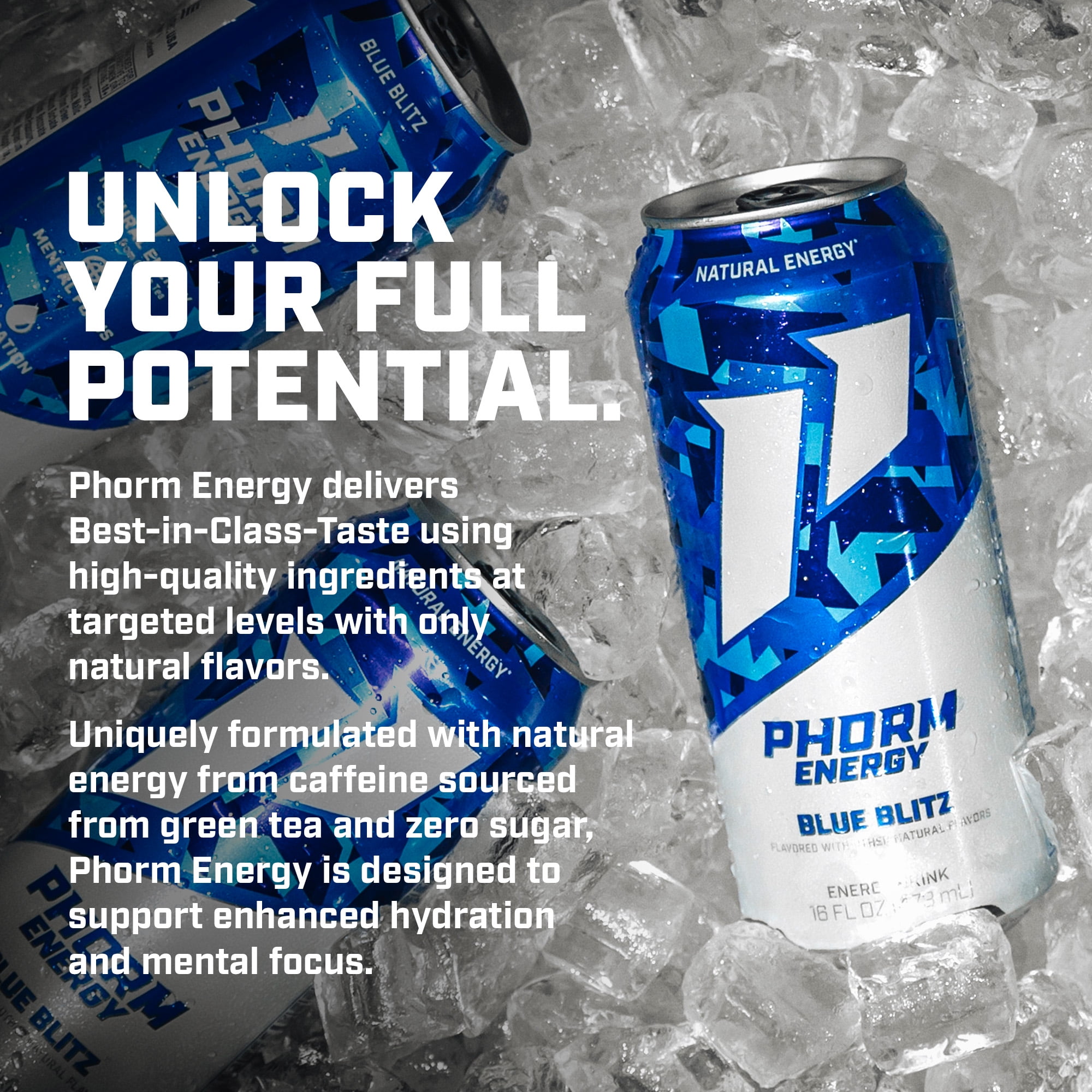 Phorm Sugar Free Energy Drink, Blue Blitz Raspberry Flavor, 16 fl oz Cans, 12 Pack, 200mg Caffeine