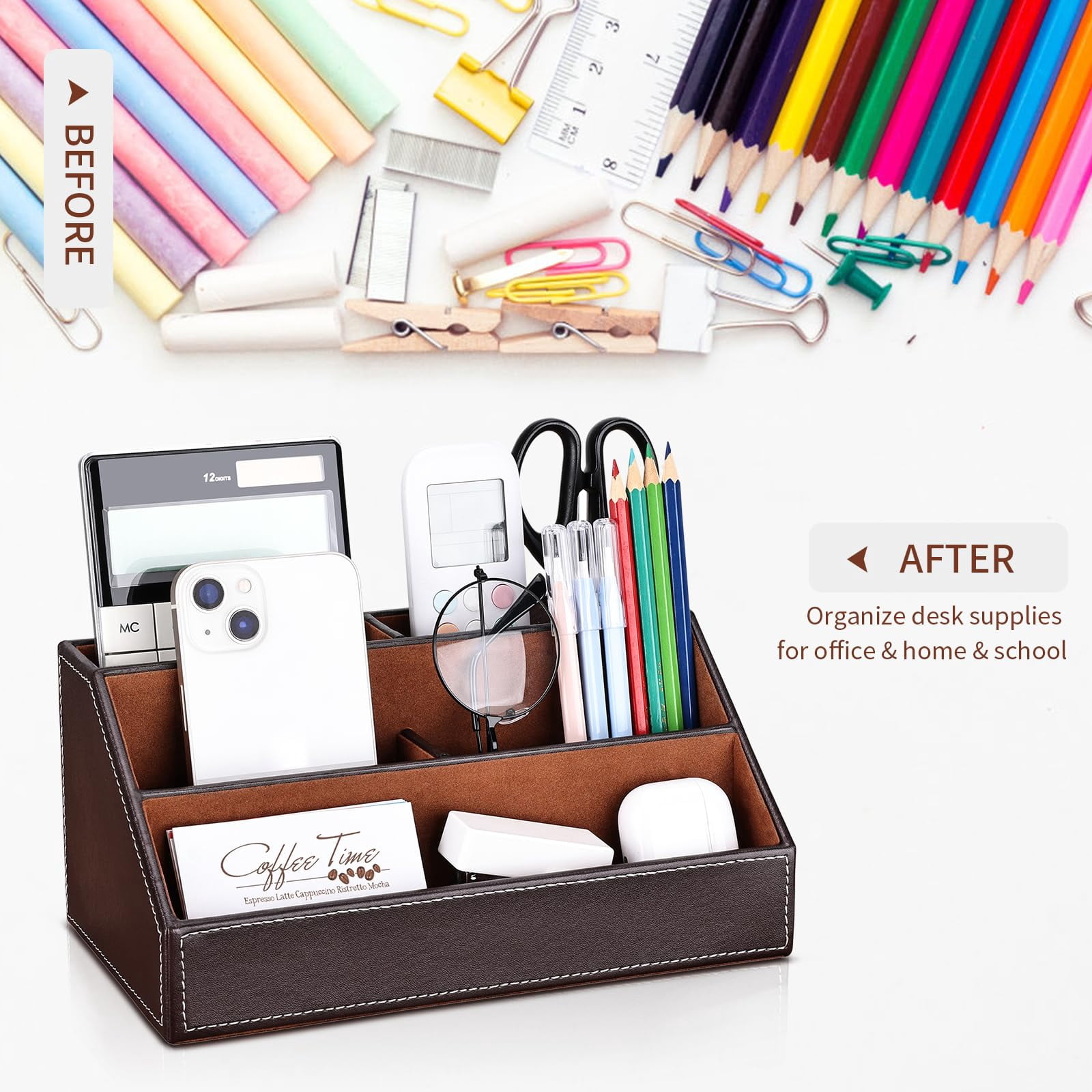 5pcs Desk Organizer And Accessories Set  Pu Leather Office Supplies With Multifunction Desktop Storage Box Tissue Holder Mouse Pad Note Paper Pencil For Brown