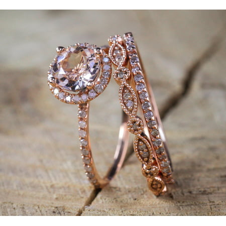 2 carat Antique Milgrain Round Morganite and Diamond Trio Ring Set in 10k Rose Gold with One Halo Engagement Ring and 2 Wedding
