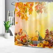 HVEST Autumn Harvest Pumpkin Shower Curtain, Farmhouse Harvest Fruits Vegetables Maple Leaf Bathroom Shower Curtain Orange Polyester Fabric Decor Curtain with Hooks, 72X78 inch