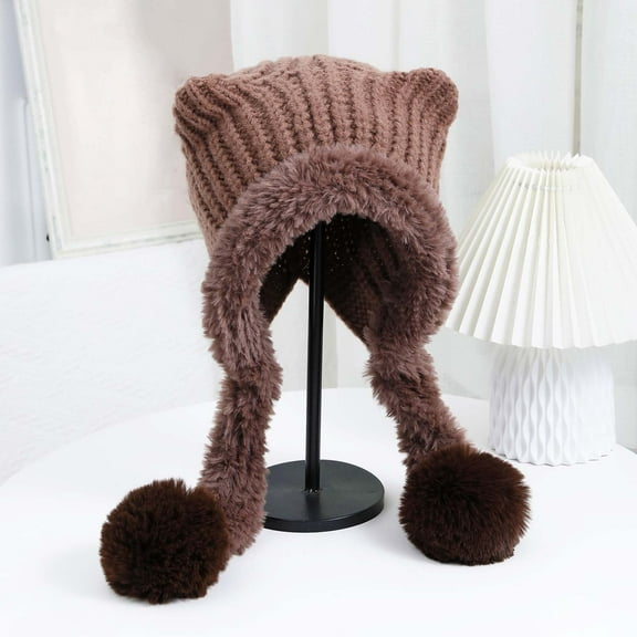 Tittly Winter Hats Beanie Women's Autumn And Winter Ear Double Tail Knitted Hat Windproof Warm Fashionable And Cute Woolen Hat Skull Caps Hats for Women Coffee One Size