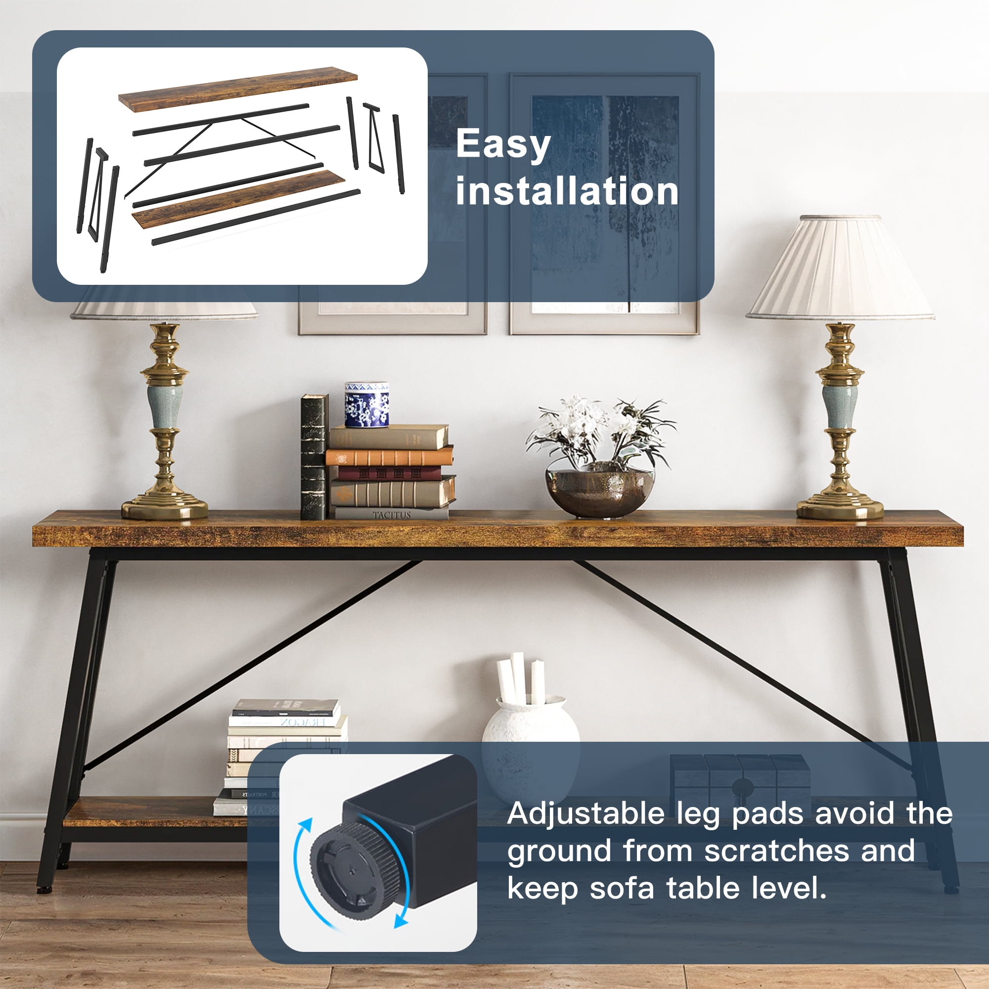 Demi Bonn 70.9" Console Table, Rustic Vintage Narrow Sofa Table for Entryway, Living Room, Hallway, Brown & Black