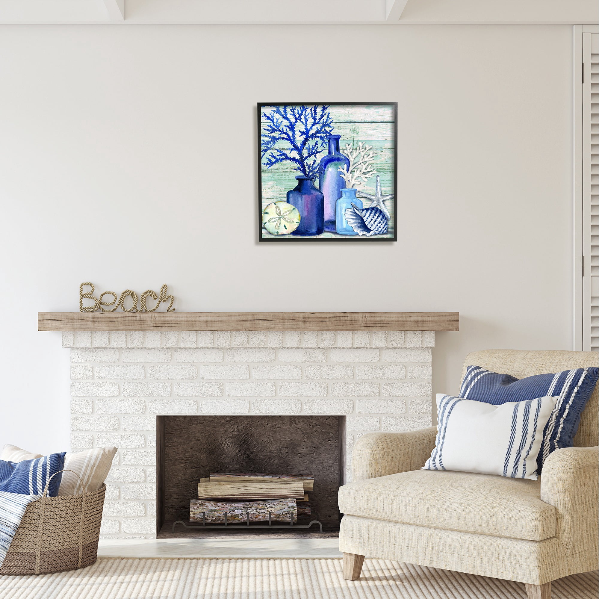 Stupell Industries Blue Nautical Vases Nature Painting Black Framed Art Print Wall Art, 24 x 24
