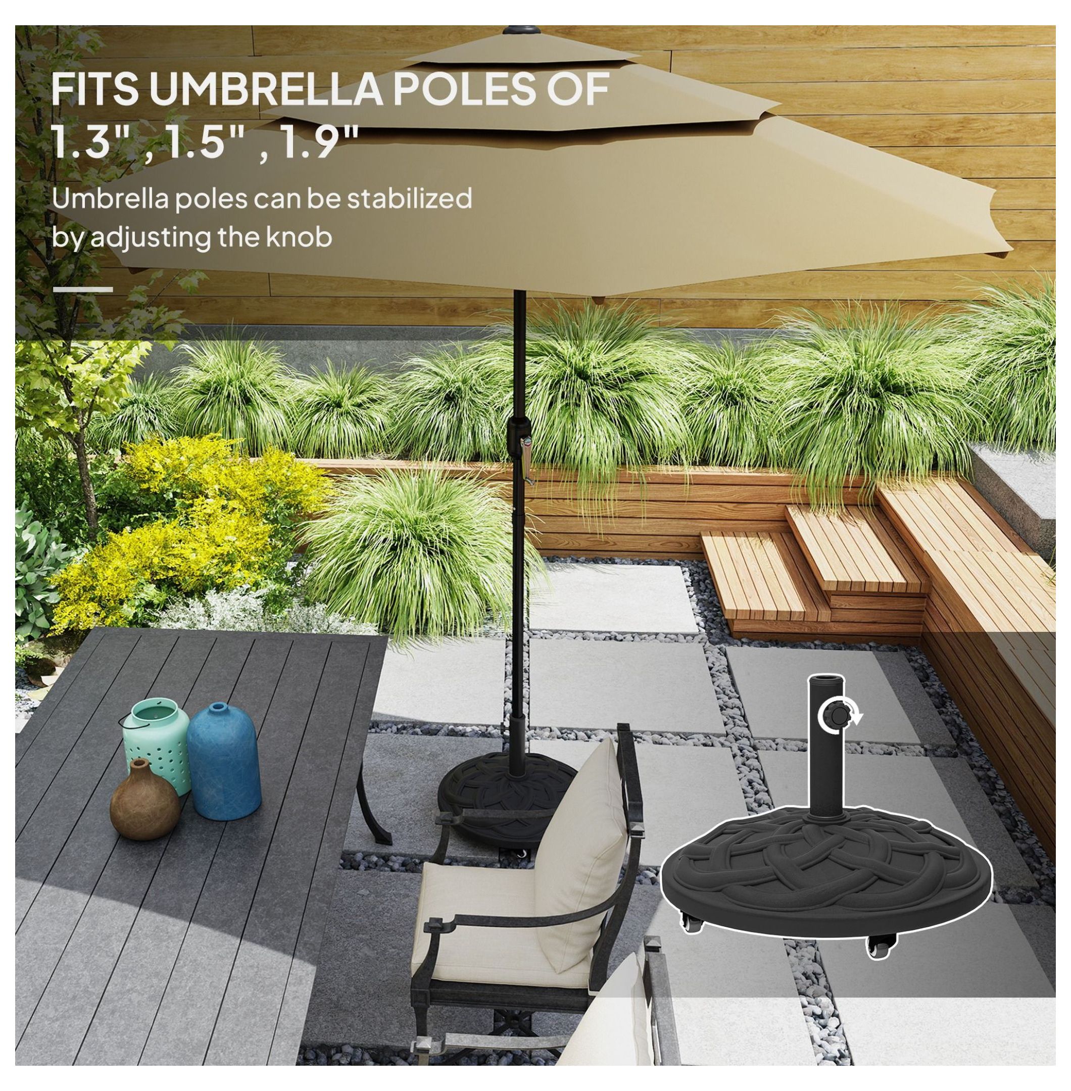 Patio Umbrella Base with Wheels - 44lbs Resin Stand - Heavy Duty Outdoor Umbrella Holder for 1.3-1.9" Poles - Black