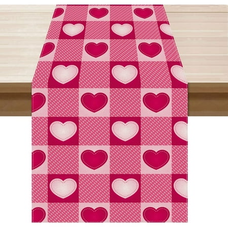 

Valentines Day Pink White Plaid Love Hearts Cloth Table Runner Burlap Table Decoration for Home Kitchen Dining Dinner Indoor Holiday Farmhouse Decor 13x90 Inch