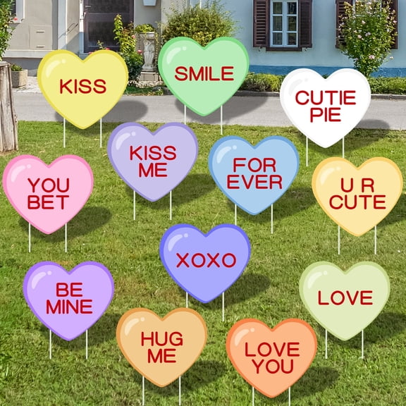 YIBAGA Valentine's Day Yard Sign  12Pcs with 24Pcs Stakes Valentines Candy Heart Decoration for Wedding Lawn Pathway Walkway Decor