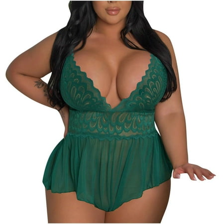 EQWLJWE Plus Size Lingerie Lace Babydoll Womens Strap Chemise Nightgown Mesh Sleepwear Deep V Neck Nightdress Valentines Day Gifts for Girlfriend Green XL