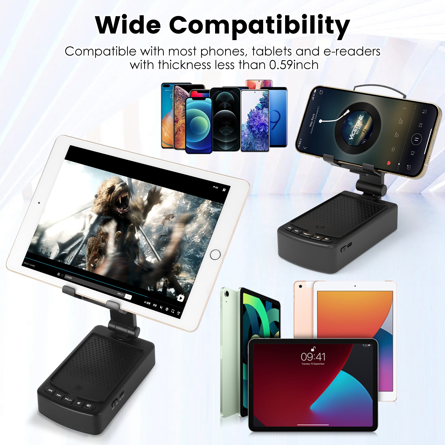 Imountek 3 in 1 Cell Phone Stand with Wireless Speaker, 8000mAh Power Bank, Compatible with Phone Tablet, Foldable Design for Home Office Outdoor, Black