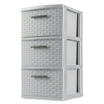 Sterilite 3 Drawer Tower, Slim Plastic Weave 3 Drawer Tower with Pull Handles, Gray, Pack of 2