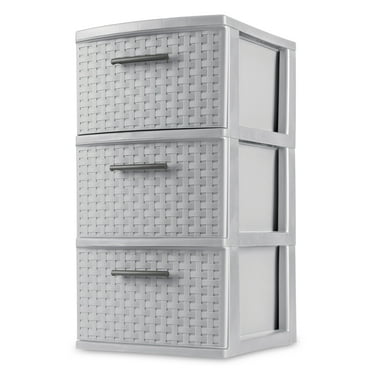 Sterilite 3 Drawer Tower, Slim Plastic Weave 3 Drawer Tower with Pull Handles, Gray, Pack of 2