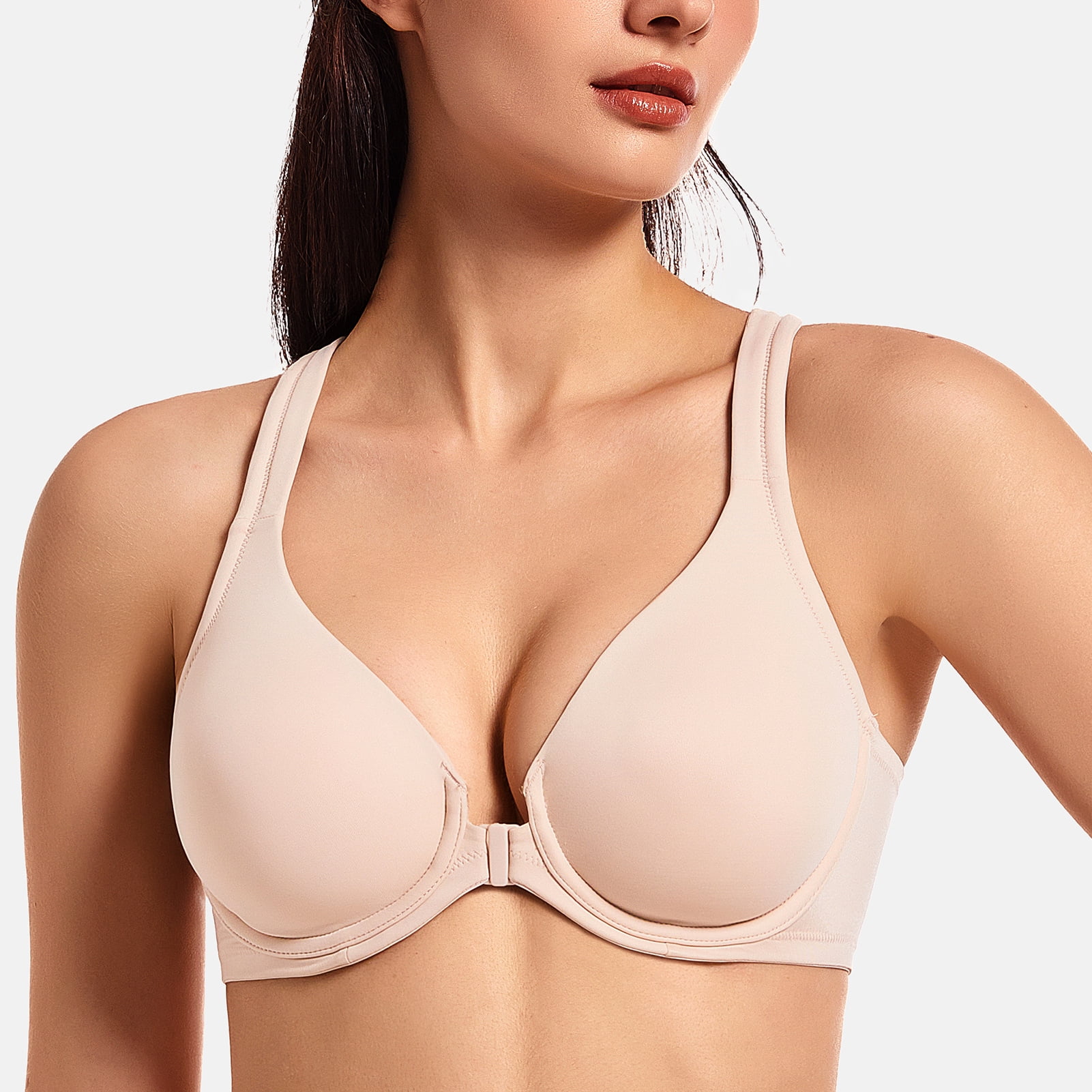 MELENECA Women's Racerback Front Closure Bras Plunge Unlined Full Coverage Seamless Underwire Bra Beige 48B