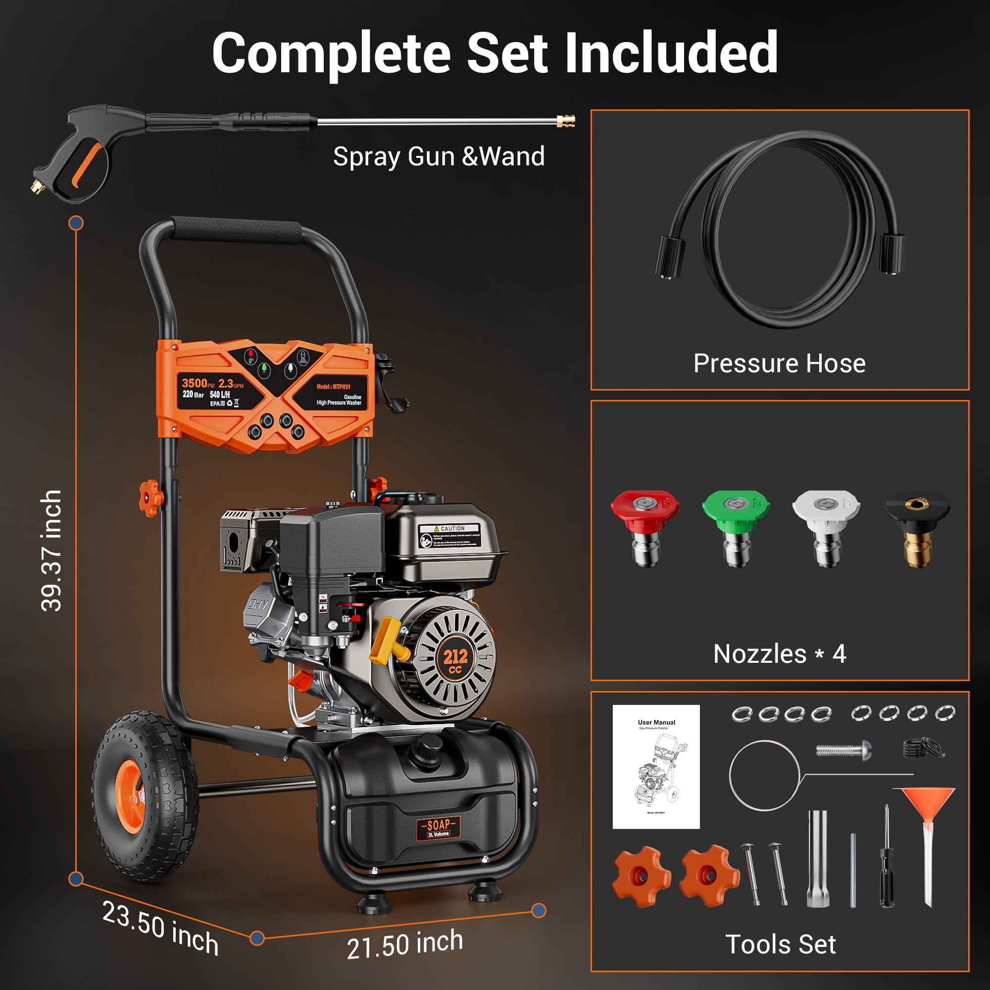 Efurden 3500PSI Gas Pressure Washer, 212CC Engine 2.3GPM, 4 Adjustable Nozzles for Wall, Terrace, Car & Garden Cleaning, Orange