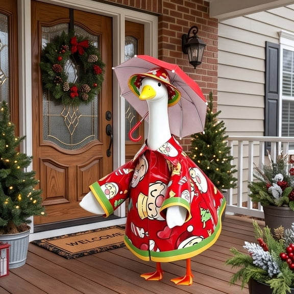 Porch Goose Outfit 5Pcs Christmas Goose Raincoat with Hat & Umbrella Santa Printed Statue Goose Dress‑Up Clothing for 23 Inch Yard Goose Outdoor Porch Courtyard Garden Holiday Decoration Red