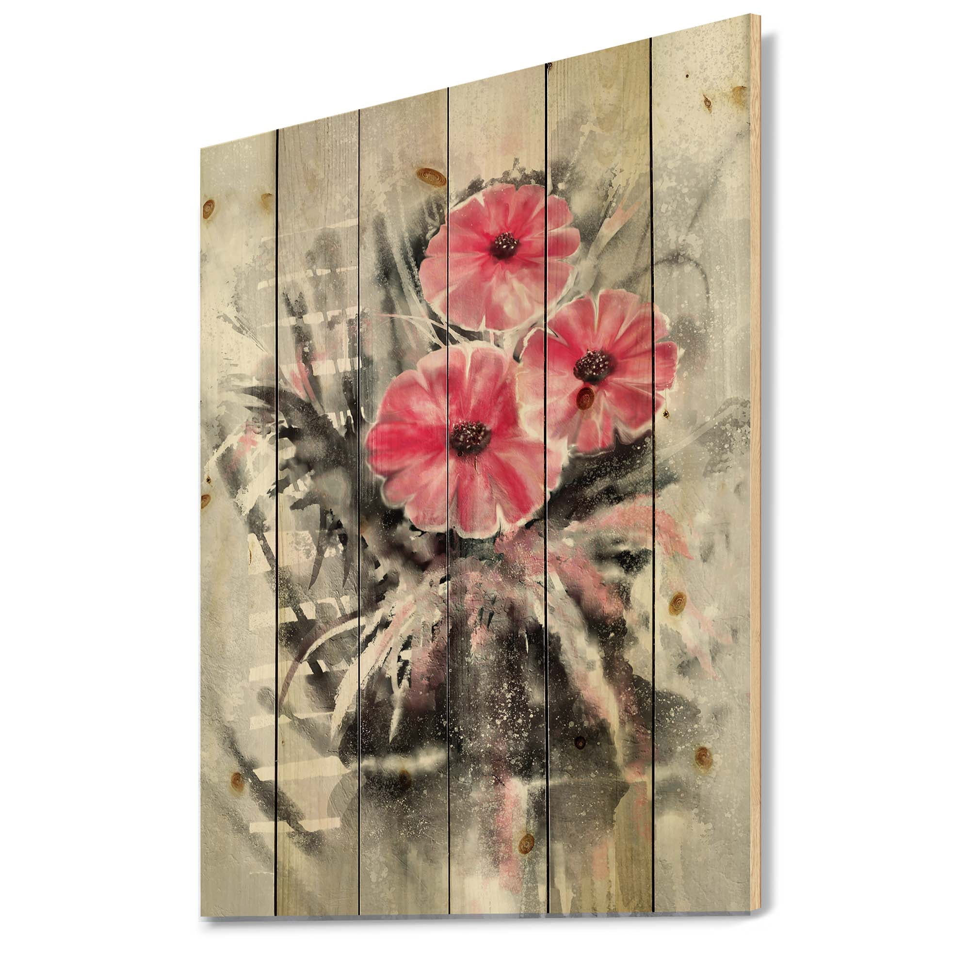 Designart 'Abstract Red Flowers On Gray Background' Traditional Print on Natural Pine Wood
