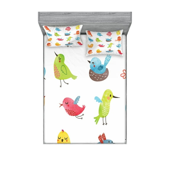 Ambesonne Animal Fitted Sheet & Pillow Sham Set, Colorful Humor Bird, Queen, Multicolor
