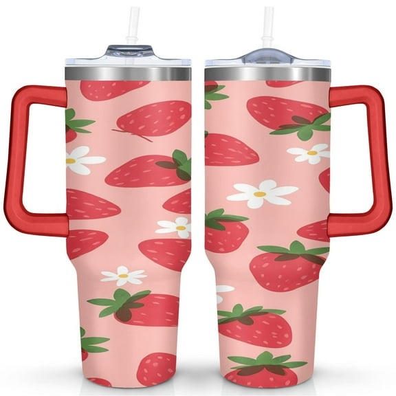 40 OZ Tumbler with Handle Insulated Water Bottle Strawberry Cafe Tumblers for Drinking Coffee Water Wine Ideal Gift for Women Daughter Mom