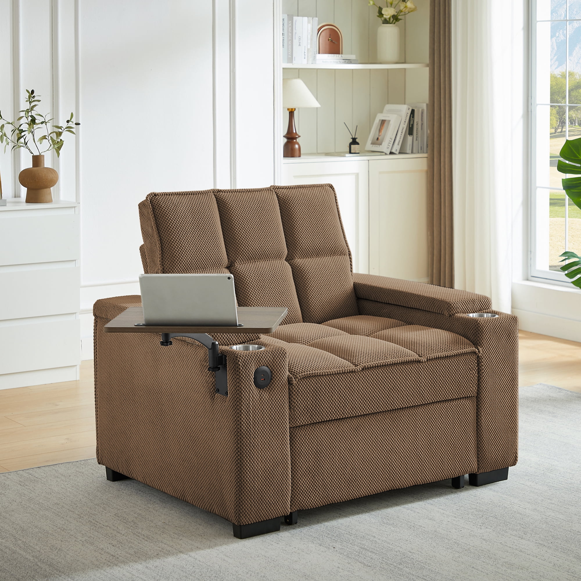 Gewnee 3-in-1 Convertible Sleeper Chair with Adjustable Backrest,Pull-Out Single Sofa Bed with Swivel Side Table & USB Ports & Cup Holder,Perfect for Dorms,Offices.Coffee
