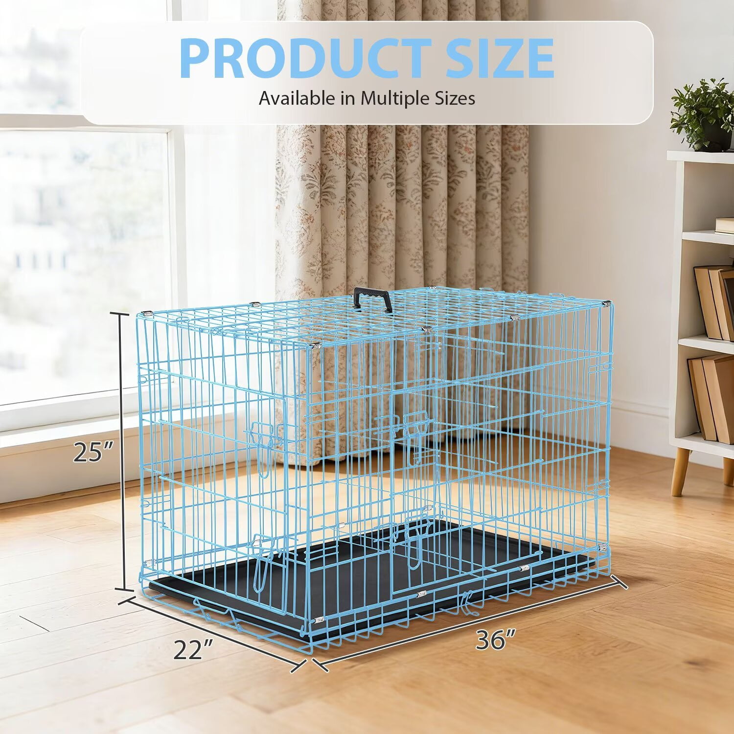CL.HPAHKL Durable Wire Dog Crate, Folding Metal Dog Kennel Double Door Dog Cage with Plastic Tray, Pet Crate for Large Dog Indoor Outdoor Travel (Blue, 36 inch)