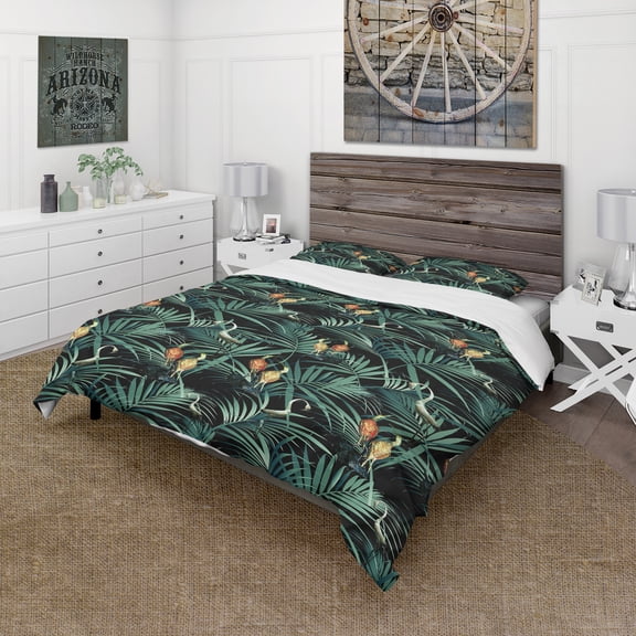 Designart 'Tropical Yellow Birds On Black Background With Green Jungle Leaves' Abstract Duvet Cover Set