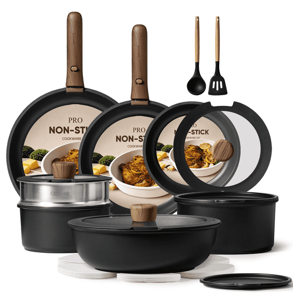 Carote 21 Pcs Nonstick Cookware Set, Pots and Pans Set with Detachable Handles, Oven/Dishwasher Safe, Stackable Kitchen Cooking Set, Black Granite.