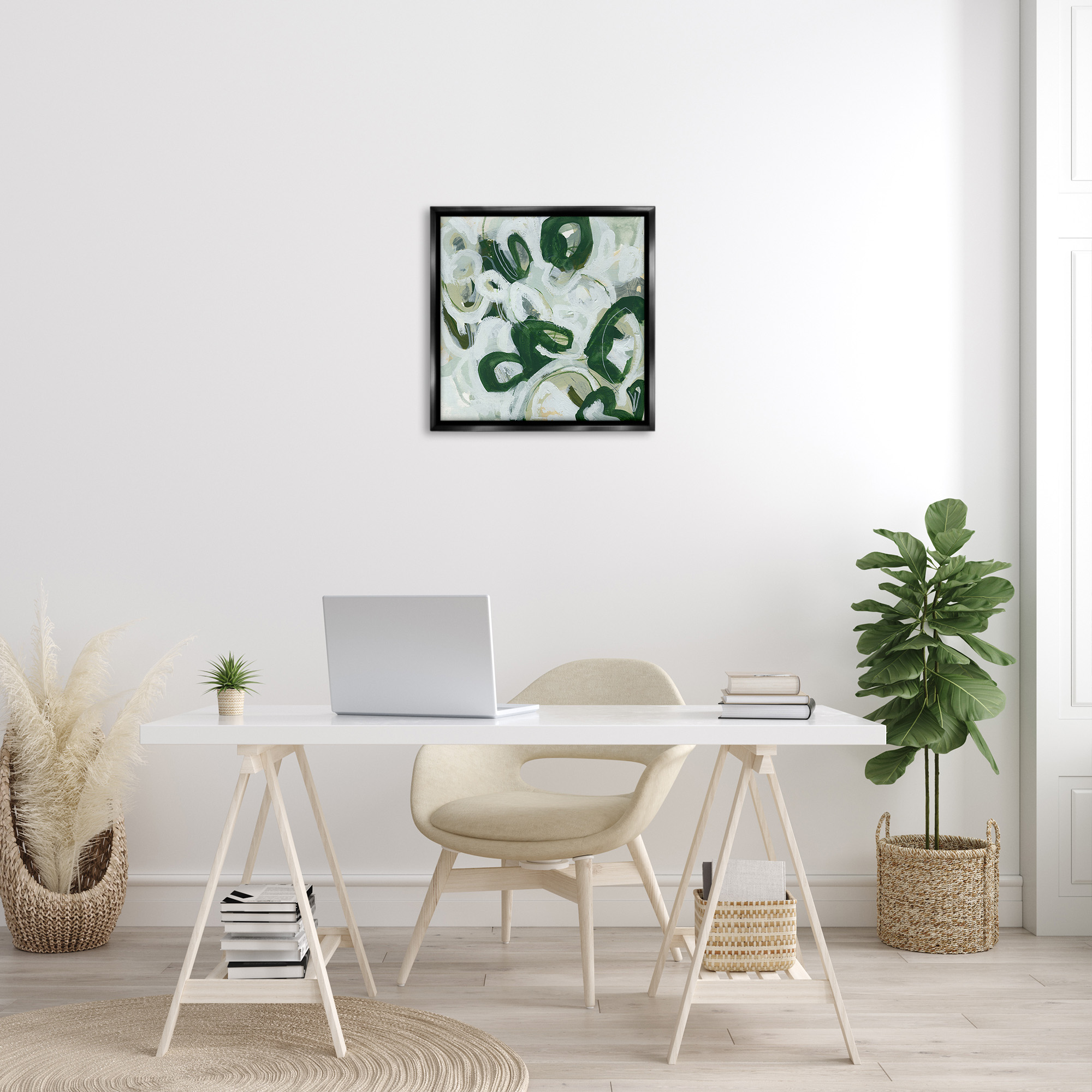 Stupell Industries Green Hued Shapes Abstract Painting Black Floater Framed Canvas Art Print Wall Art, 25 x 25