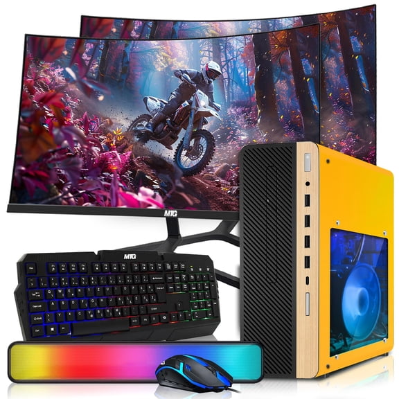 Restored HP Half Light Desktop Computer PC Lambo Intel i5, 16GB RAM, 1TB SSD, Dual 27 Inch Curved Monitor, RGB KBM with AI Copilot, WiFi, RGB Soundbar, Webcam, Windows 11