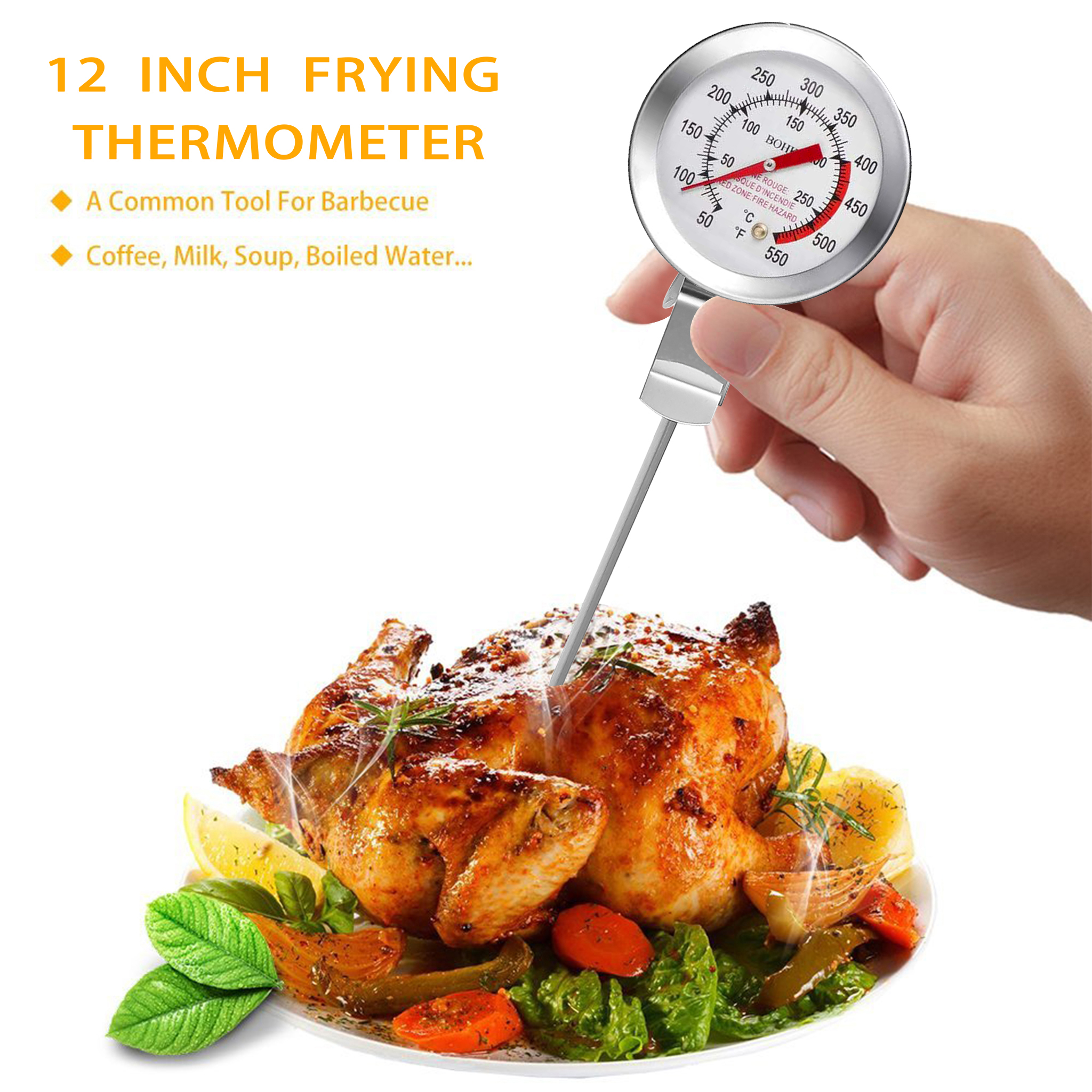 BOHK 12" Barbecue Deep Fry Thermometer With Clip Instant Read, Dial Thermometer, Extra Long