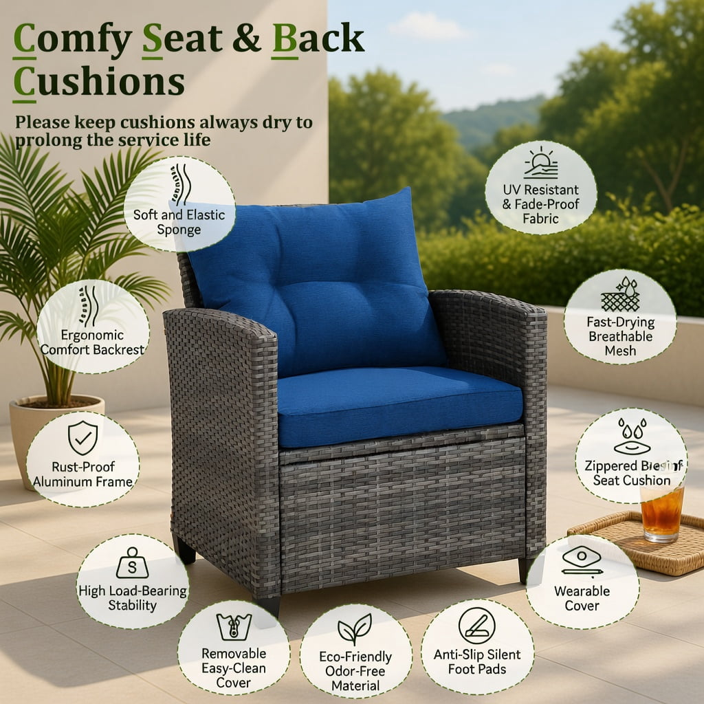 Hommoo 3-Piece Outdoor Wicker Conversation Set, PE Rattan Sofa Set with Tempered Glass Coffee Table, Weather-Resistant Patio Furniture for Backyard, Poolside & Garden, Navy