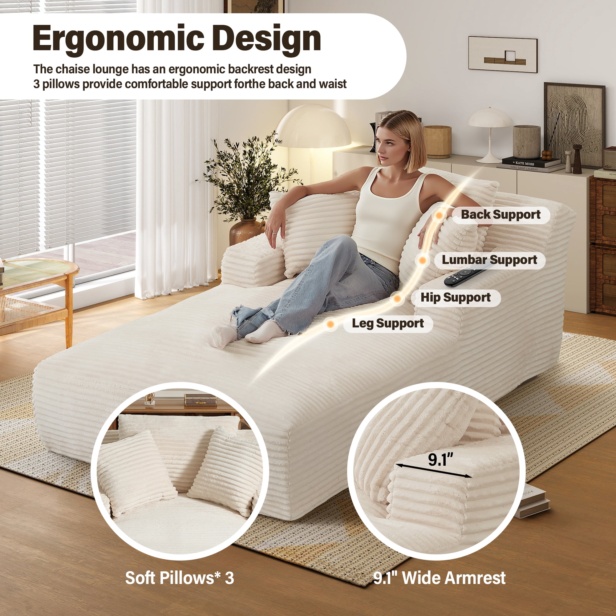 Aukfa 78.7" Extra Long Chaise Lounge Sofa, Oversized Upholstered Couch with 3 Pillows for Indoor Living Room/Bedroom,Beige