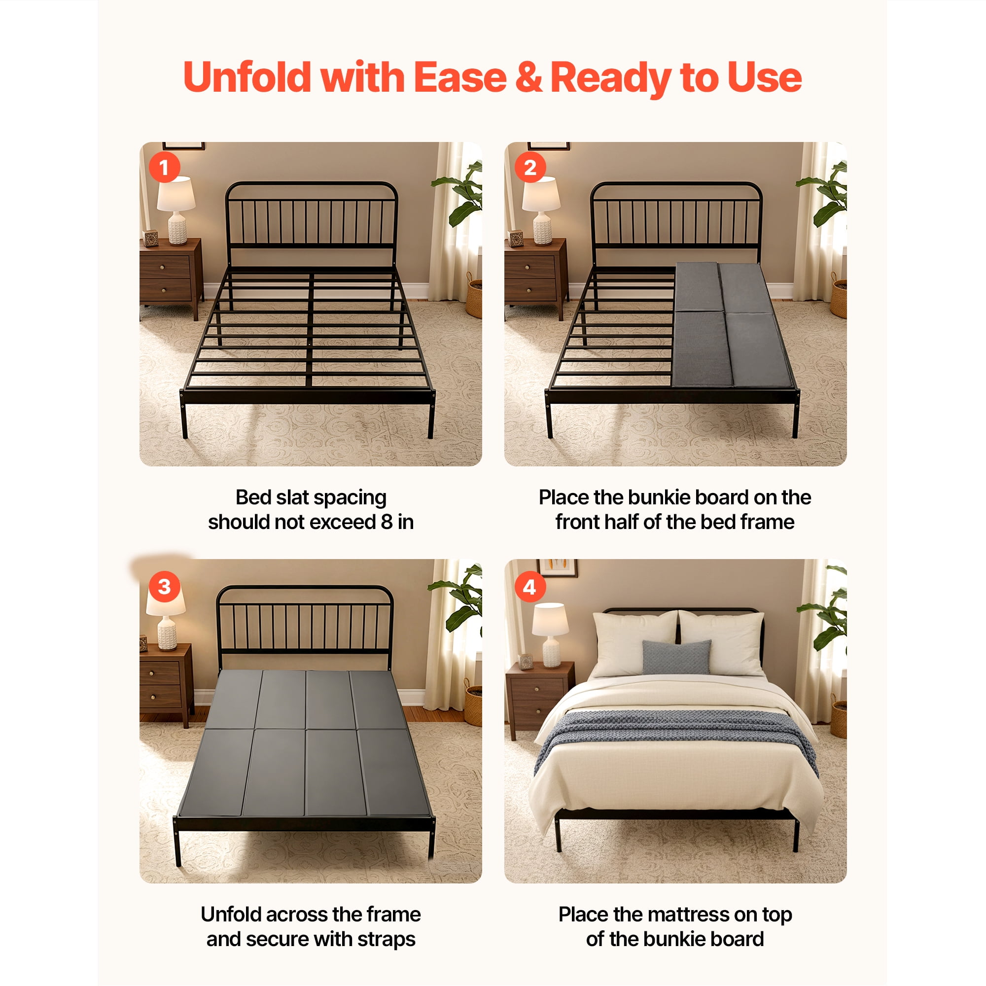 KFFKFF King Size Foldable Bunkie Board, 80.3 x 75.9 in, Mattress Support with Hook-and-Loop Straps, Durable PP Core and 600D Oxford Fabric, Designed to Prevent Sagging for Metal Frames, Bunk Beds