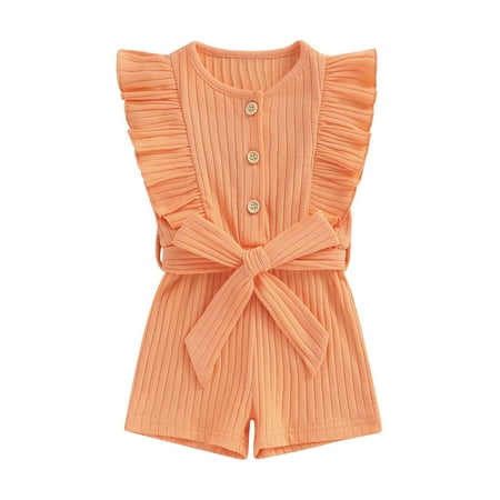 

Toddler Baby Girl Summer Clothes Ribbed Ruffle Sleeveless Romper Solid One Piece Jumpsuit Shorts with Belt