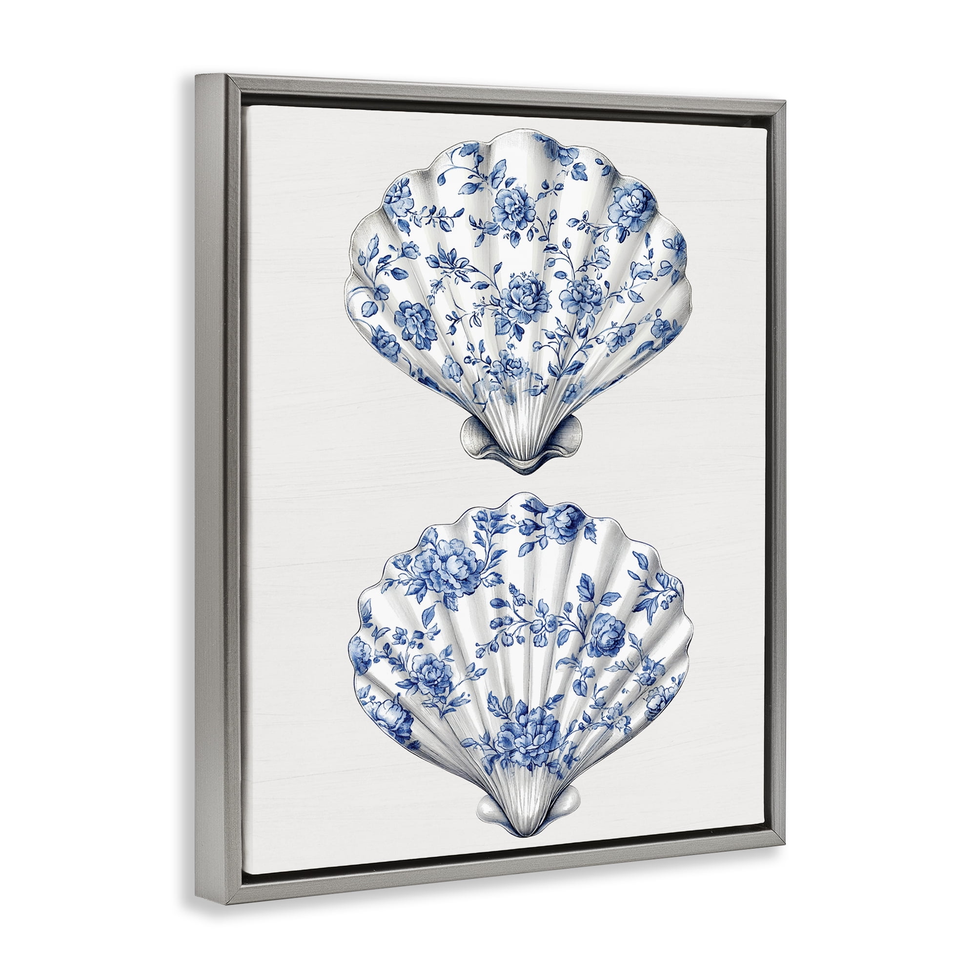 Delicate Toile Seashells Gray Framed Floater Canvas Wall Art, design by Lettered and Lined