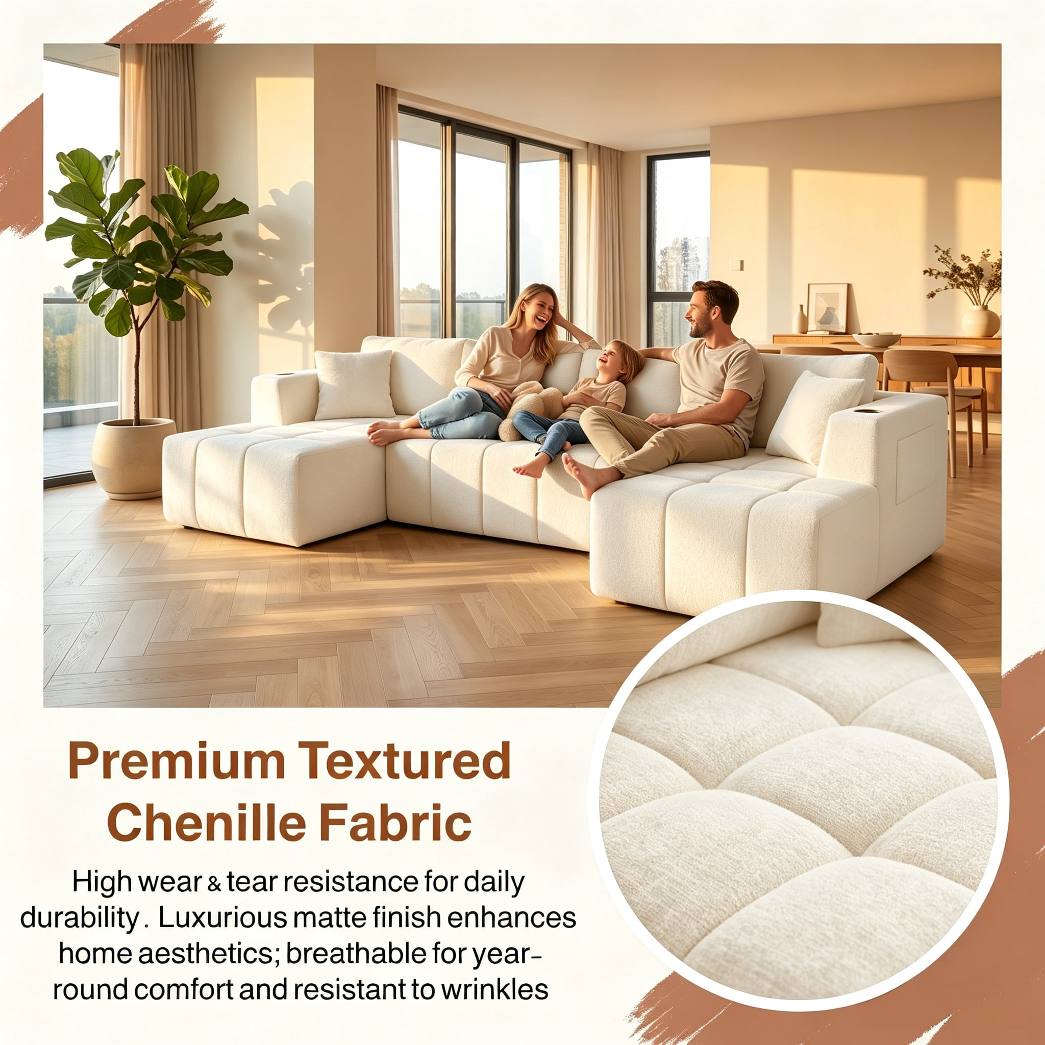 ShiKeyi 132.5" Modern U-Shaped Modular Sectional Sofa with Double Chaise, Premium Chenille Fabric Cloud Couch Set with Cup Holders & Storage Pockets for Living Room, Beige