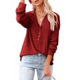 thumbnail image 3 of Qiylii Women Solid Color T shirt Lapel-neck Long Sleeve V neck Tops with Buttons, 3 of 5