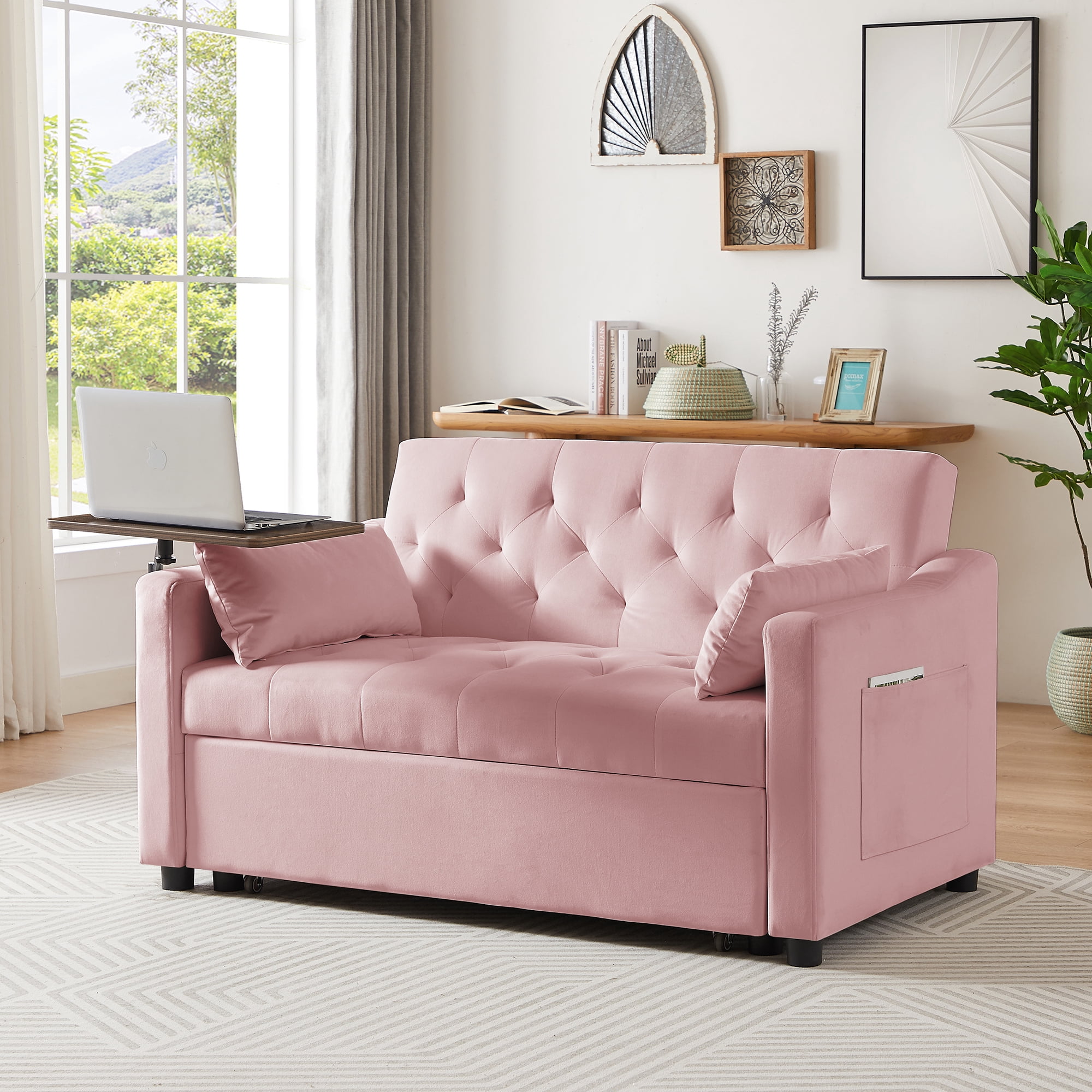 3 in 1 Convertible Sofa Bed, Velvet Sleeper Sofa Bed with Pull Out Sofa Bed, Loveseat Tufted Sofa with Side Table for Living Room,
