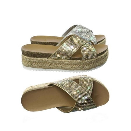 Delta Swimsuit - Delta by Soda, Rhinestone Crystal Slipper Sandal w Espadrille, Cork Footbed & Shark tooth