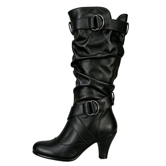 Xfvqtps Slouchy Mid Calf Boots for Women Side Zipper Buckle Strap Chunky Low Heel Almond Toe Faux Leather Tall Boots