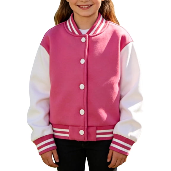 GiLiling Kids Color Block Baseball Jacket for Boys Girls, Lightweight Button Coat with Pockets, Casual Daily School Outerwear Top Wear (Hot Pink, 7-8 Years)